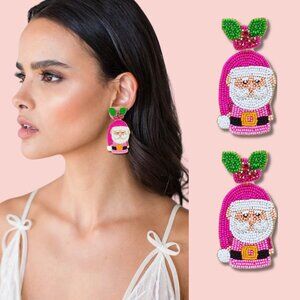 Pink Vintage Santa Mistletoe Christmas Crystal Beaded Holiday Earrings